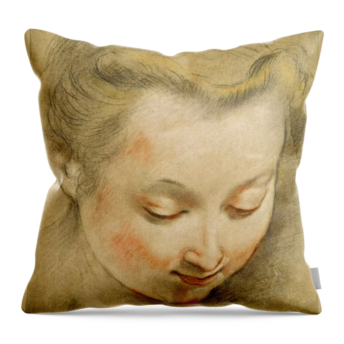 Federico Barocci Throw Pillow featuring the drawing Study of the Head of a Young Woman looking down to the Right by Federico Barocci