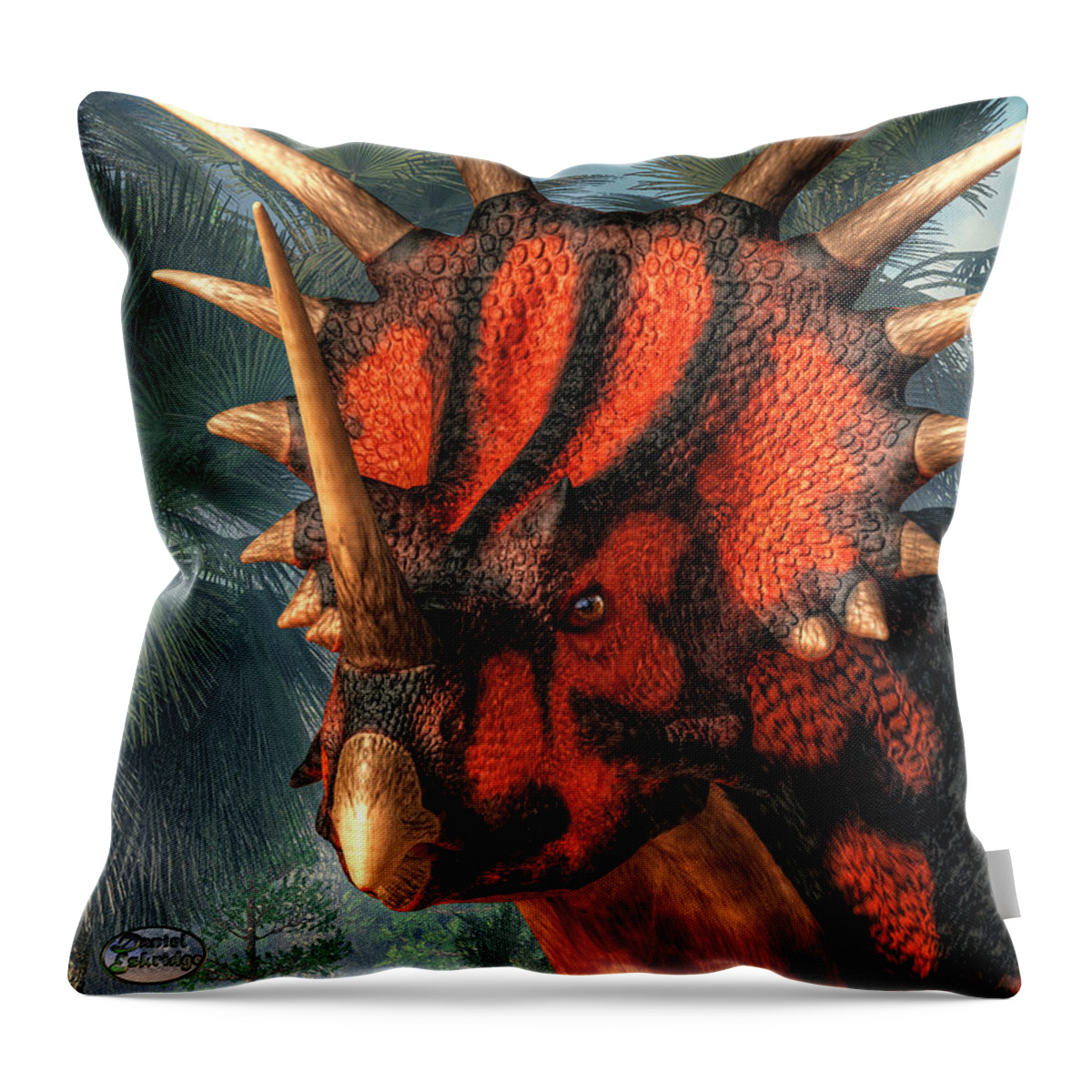 Styracosaurus Throw Pillow featuring the digital art Styracosaurus Head by Daniel Eskridge