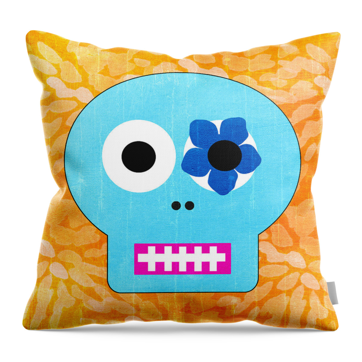 Day Of The Dead Throw Pillow featuring the painting Sugar Skull Blue and Orange by Linda Woods