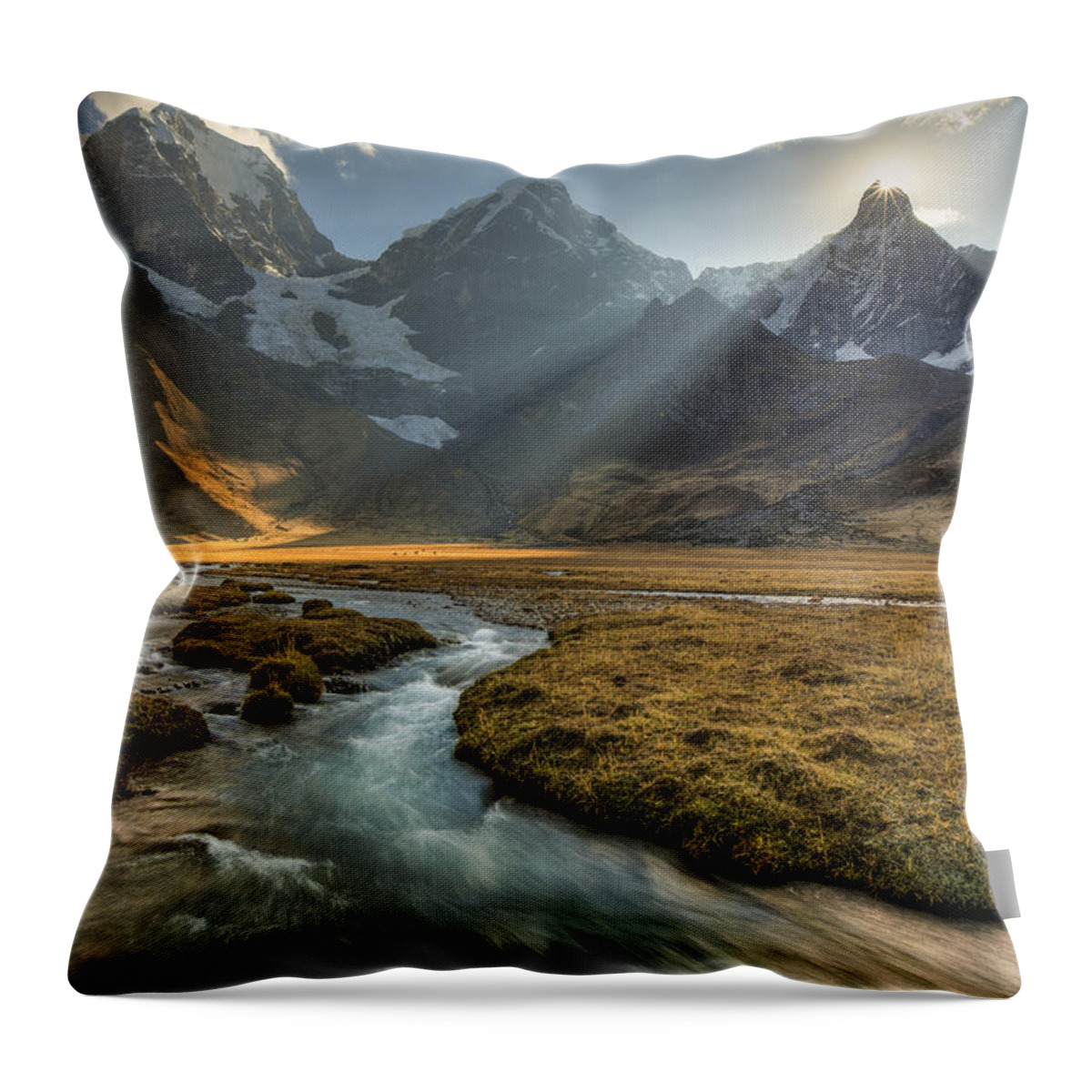 00498205 Throw Pillow featuring the photograph Sun Setting Behind Jirishanca Peak by Colin Monteath