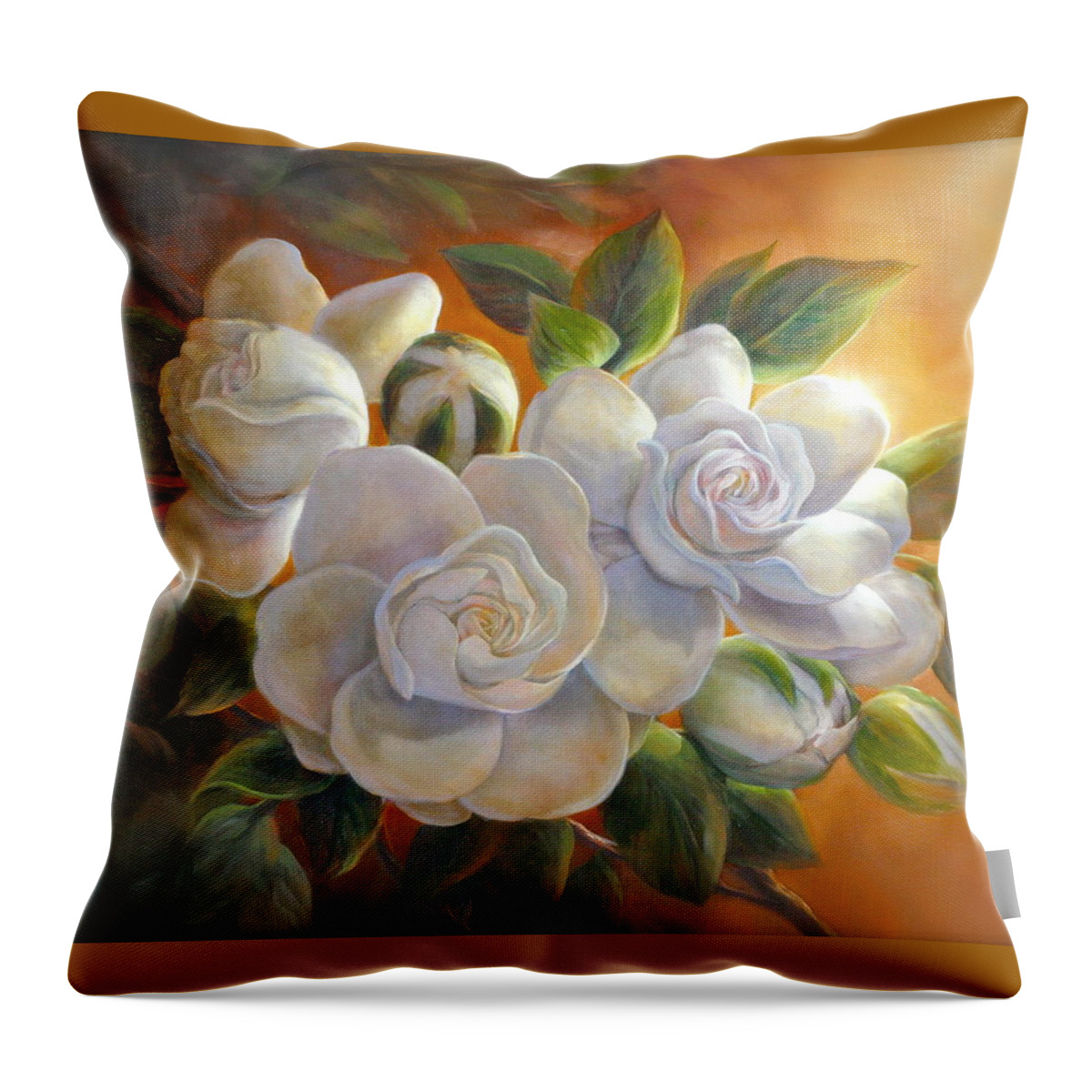 White Gardenia Throw Pillow featuring the painting Sunkissed Gardenia by Lynne Pittard