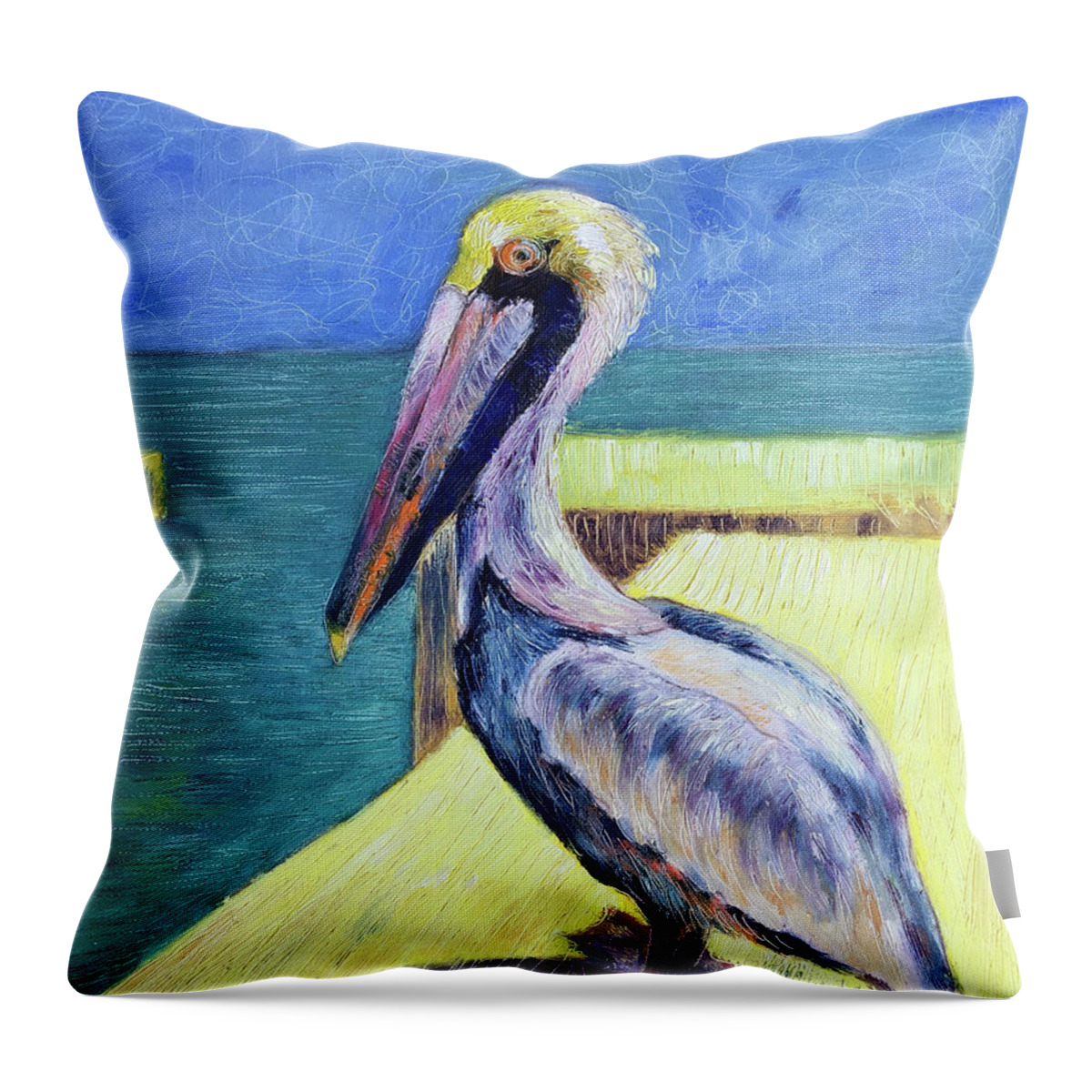Pelican Throw Pillow featuring the painting Sunny Pelican by AnneMarie Welsh