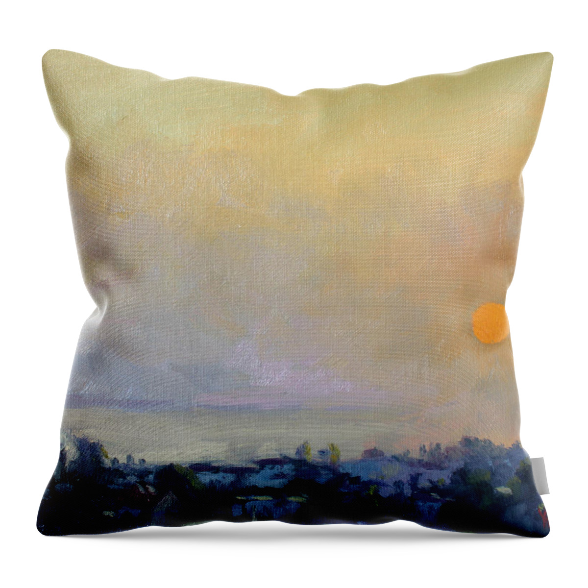 Sunrise Throw Pillow featuring the painting Sunrise over Evia Island Greece by Ylli Haruni
