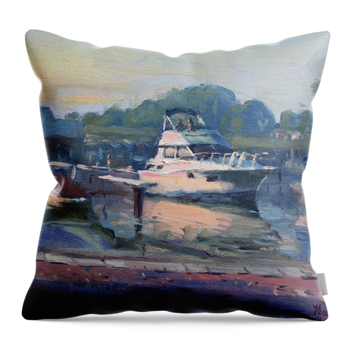 Boats Throw Pillow featuring the painting Sunset at Kellys and Jassons Boat by Ylli Haruni