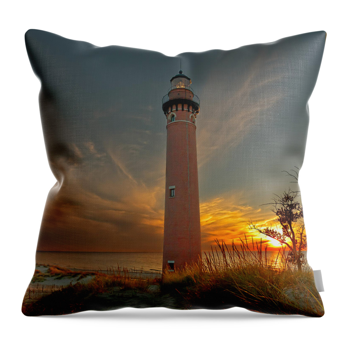Lighthouse Throw Pillow featuring the photograph Sunset at Petite Pointe Au Sable by Susan Rissi Tregoning