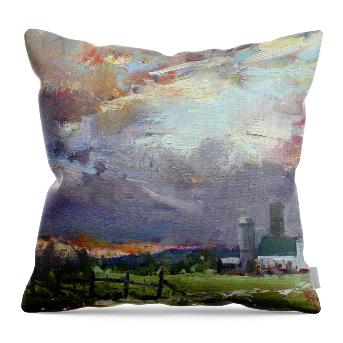 Sunset Throw Pillow featuring the painting Sunset in a Troubled Weather by Ylli Haruni
