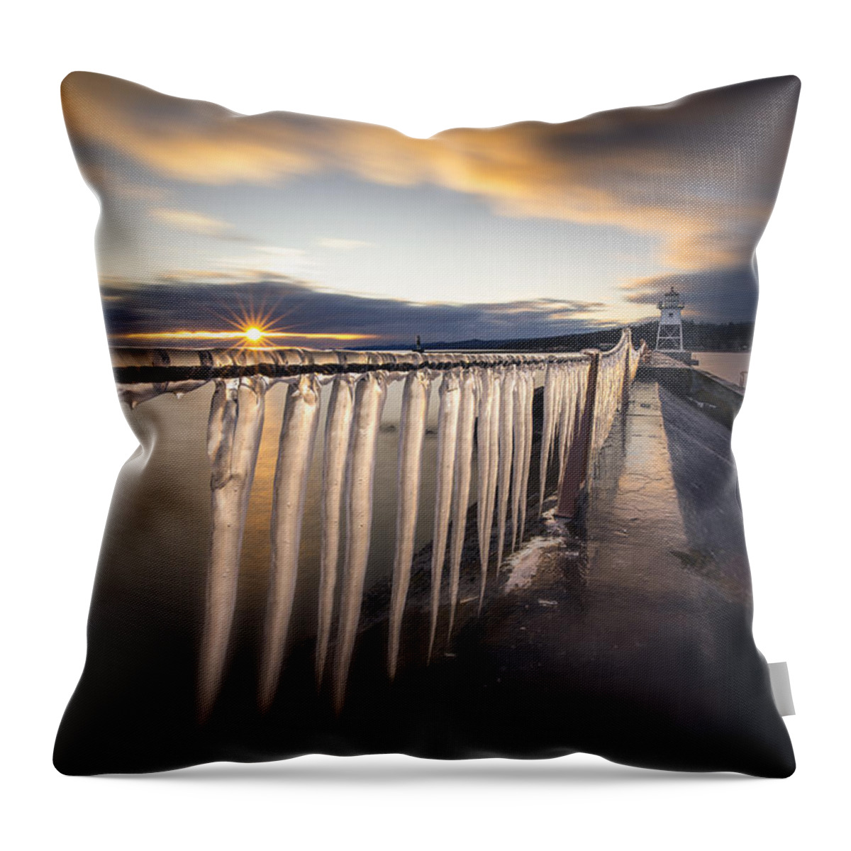 Canada Throw Pillow featuring the photograph Sunset over Grand Marais Lighthouse Breakwall by Jakub Sisak