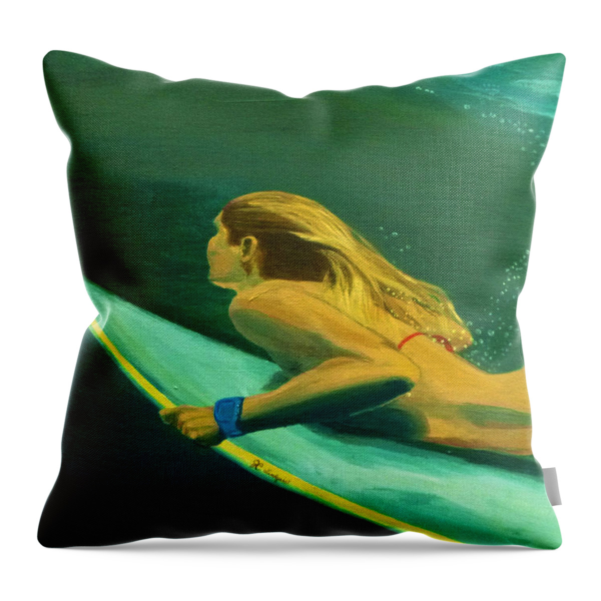 Surf Throw Pillow featuring the painting Surfer Girl Duck Dive by Jenn C Lindquist