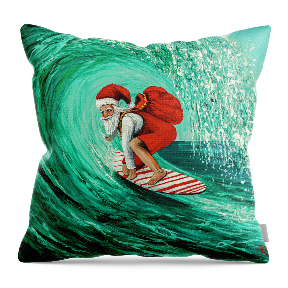 Christmas Throw Pillow featuring the painting Surfing Santa by Darice Machel McGuire