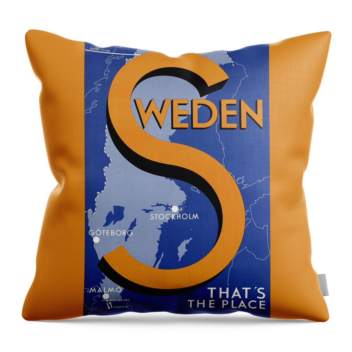 Sweden Throw Pillow featuring the mixed media Sweden - That's The Place - Retro travel Poster - Vintage Poster by Studio Grafiikka
