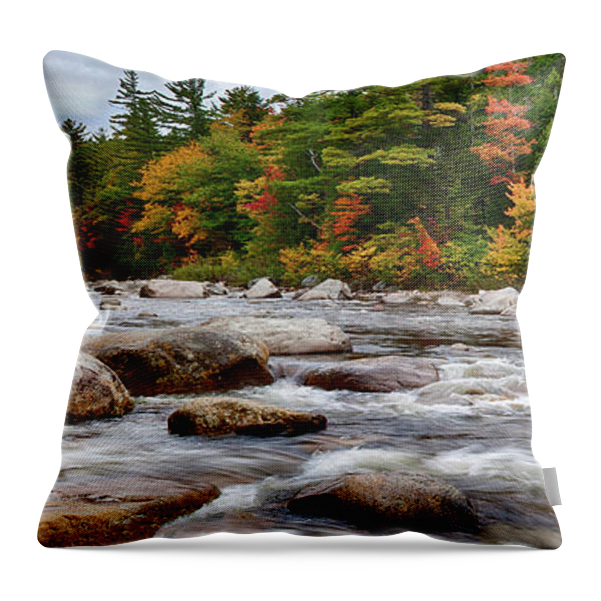 Albany New Hampshire Throw Pillow featuring the photograph Swift River runs through fall colors by Jeff Folger