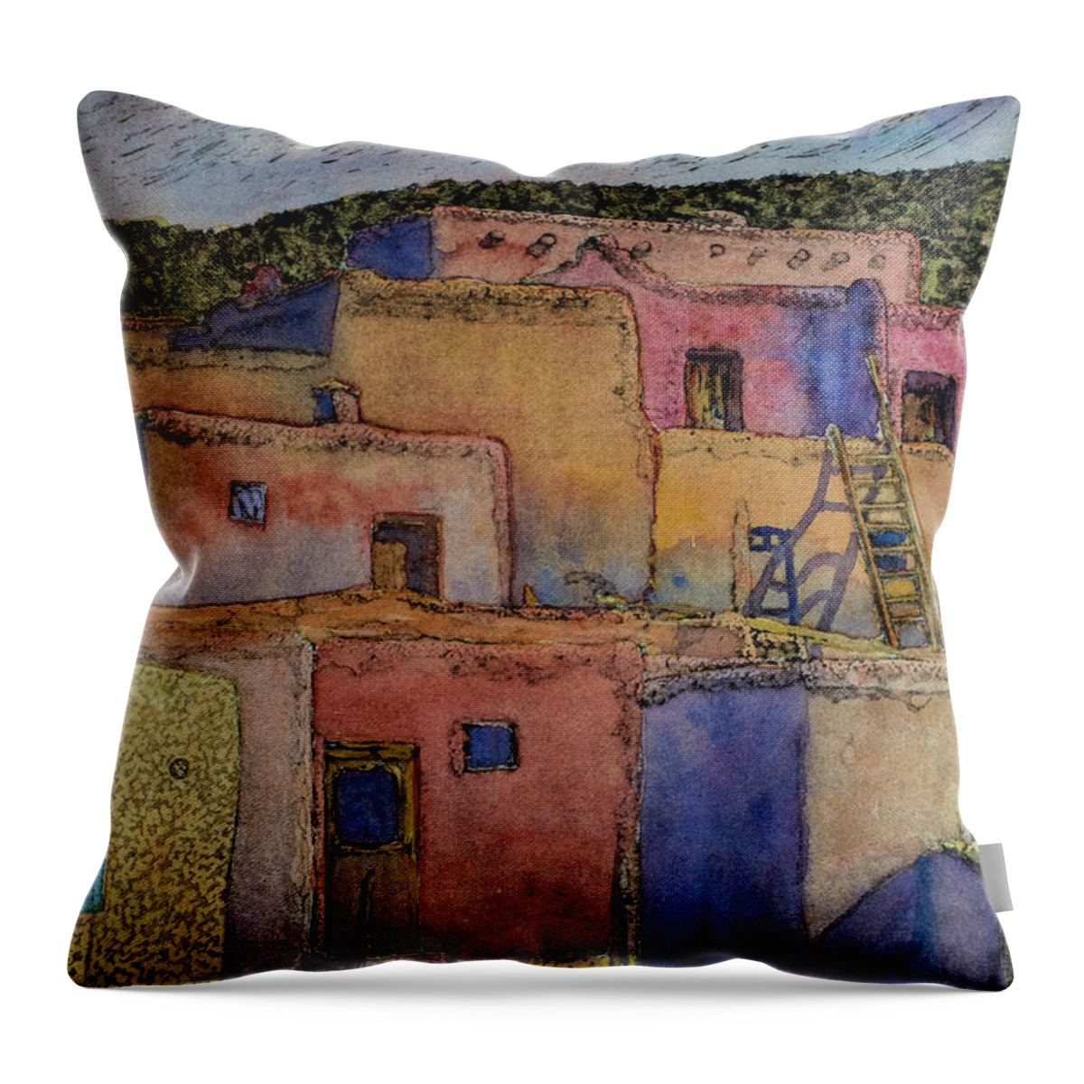 Taos Throw Pillow featuring the mixed media Taos Pueblos by Jackie MacNair