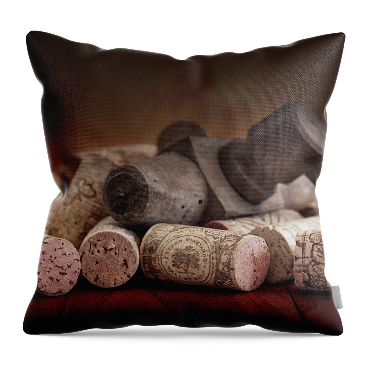 Aged Throw Pillow featuring the photograph Tapped Out - Wine Tap with Corks by Tom Mc Nemar