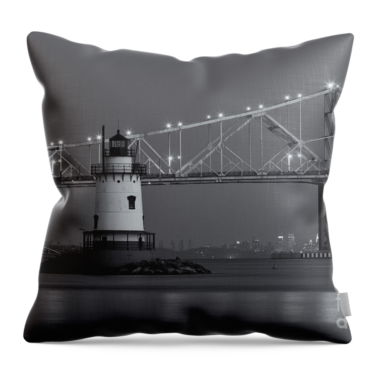 Clarence Holmes Throw Pillow featuring the photograph Tarrytown Lighthouse and Tappan Zee Bridge at Twilight II by Clarence Holmes