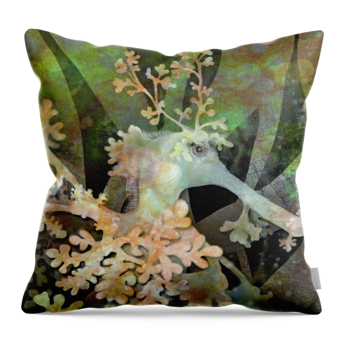 Seadragon Throw Pillow featuring the digital art Teal Leafy Sea Dragon by Sand And Chi