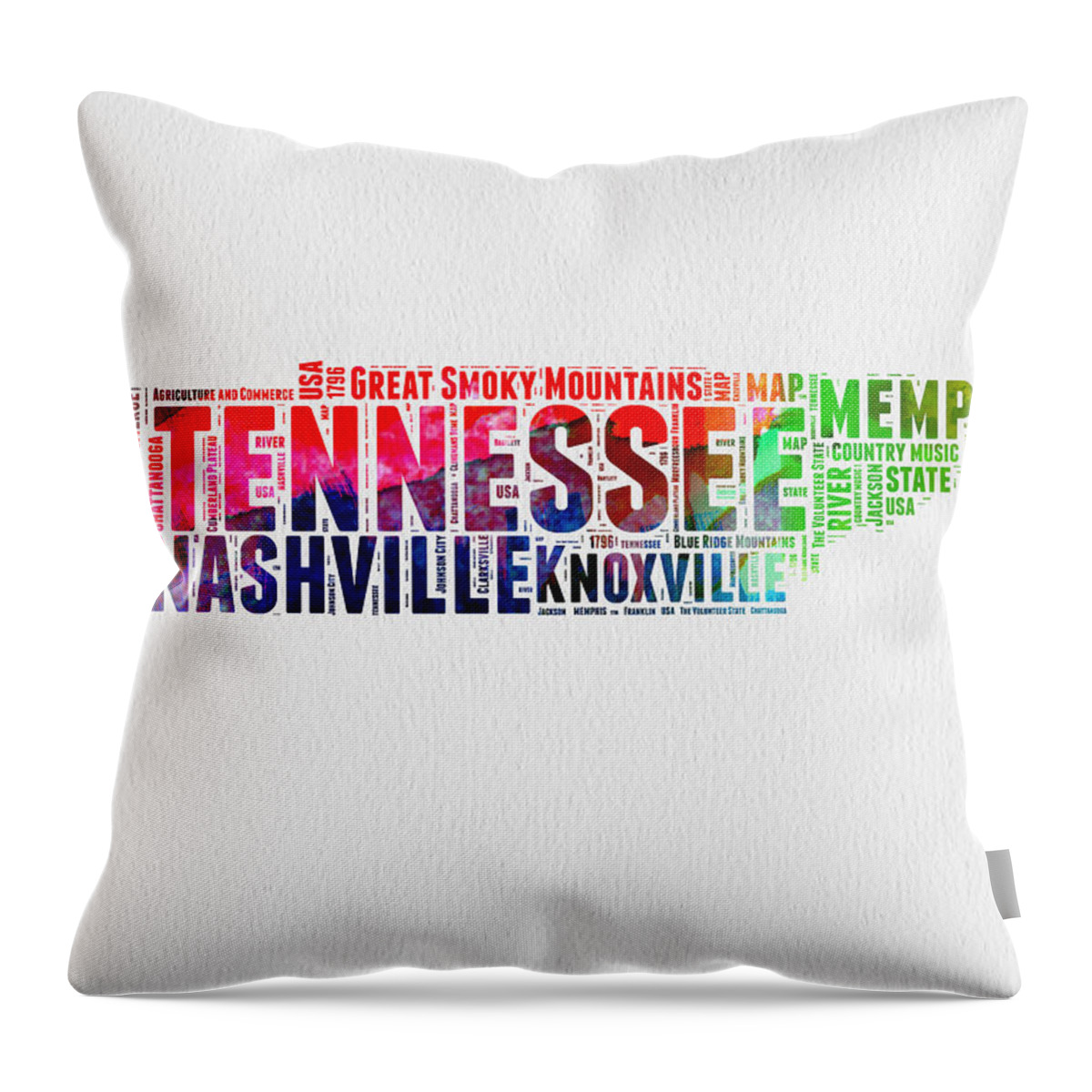 Tennessee Throw Pillow featuring the digital art Tennessee Watercolor Word Cloud Map by Naxart Studio