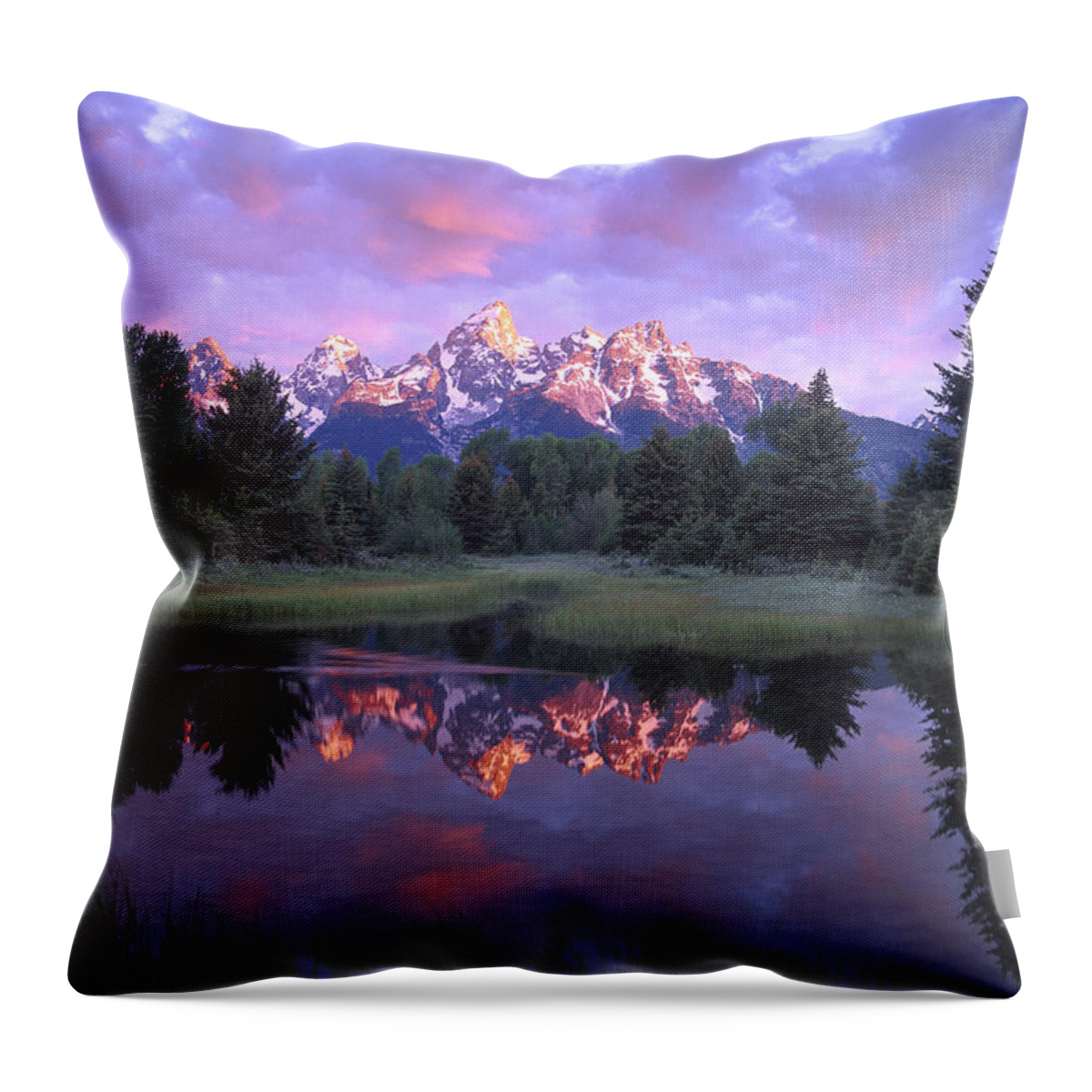 00173534 Throw Pillow featuring the photograph Teton Range At Sunrise Schwabacher by Tim Fitzharris
