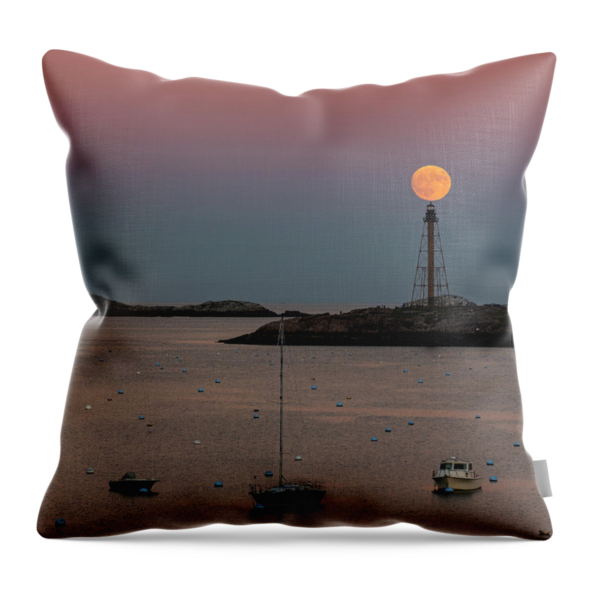 Marblehead Throw Pillow featuring the photograph The 2016 Supermoon balancing on the Marblehead Light Tower in Marblehead MA by Toby McGuire
