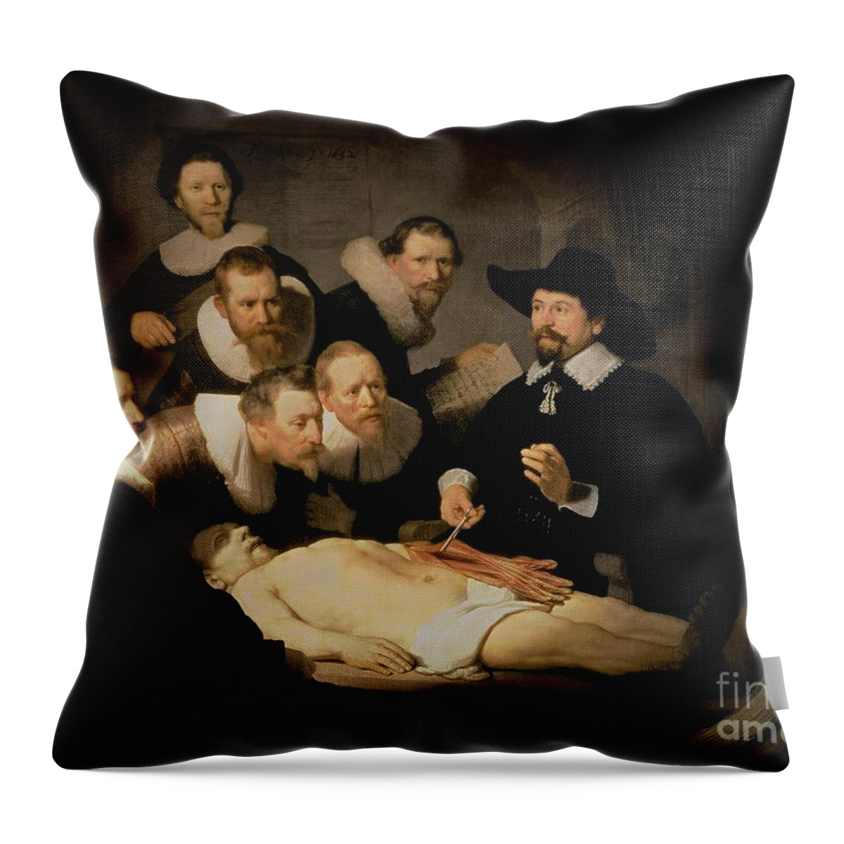 The Throw Pillow featuring the painting The Anatomy Lesson of Doctor Nicolaes Tulp by Rembrandt Harmenszoon van Rijn