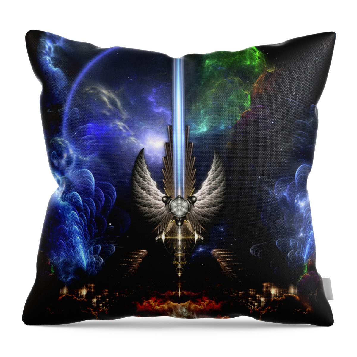 Angel Wing Sword Of Arkledious Throw Pillow featuring the digital art The Angel Wing Sword Of Arkledious Space Fractal Art Composition by Rolando Burbon