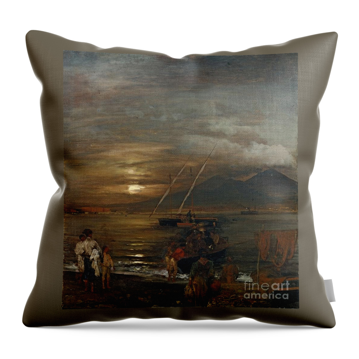 Oswald Achenbach Throw Pillow featuring the painting The Bay Of Naples In The Moonlight by MotionAge Designs