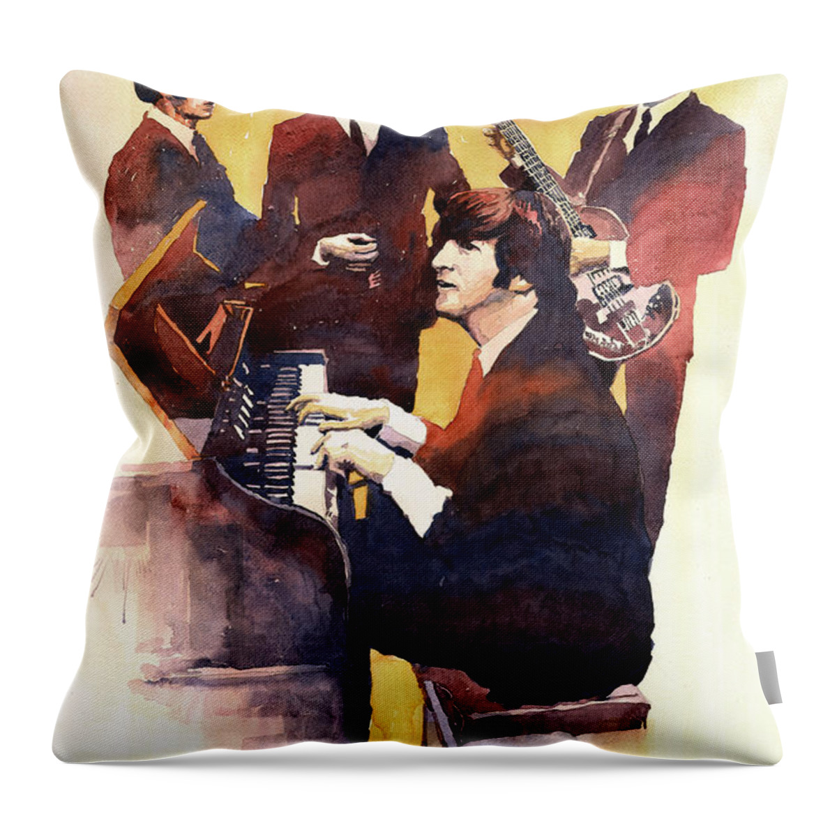 Watercolor Throw Pillow featuring the painting The Beatles 01 by Yuriy Shevchuk