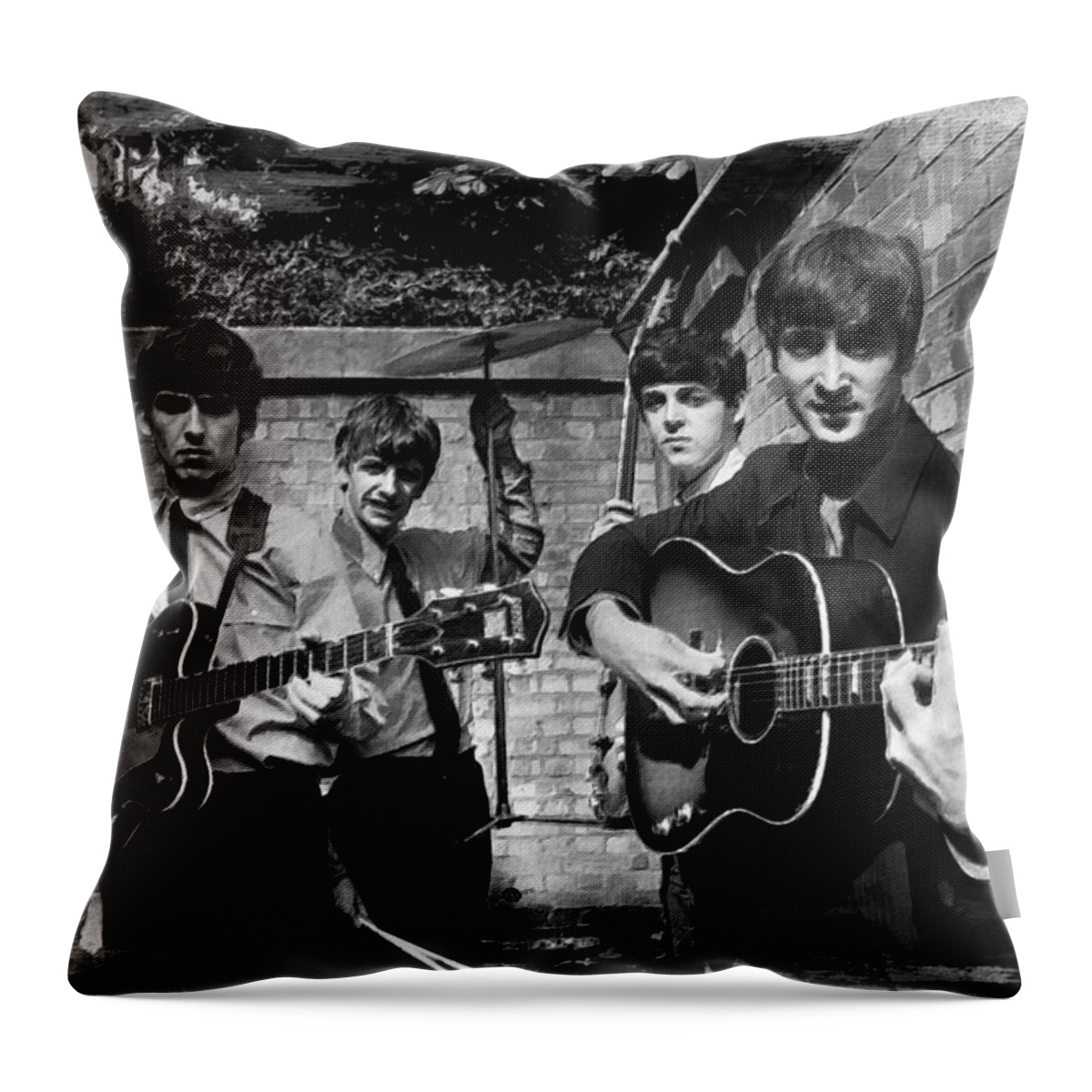 The Beatles Throw Pillow featuring the painting The Beatles In London 1963 Black And White Painting by Tony Rubino