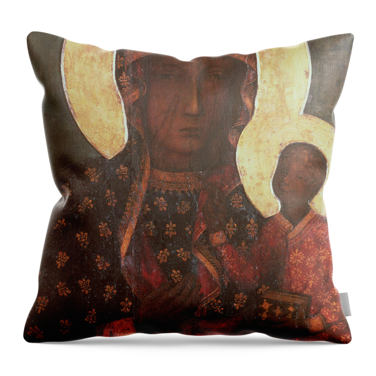 The Throw Pillow featuring the painting The Black Madonna of Jasna Gora by Russian School