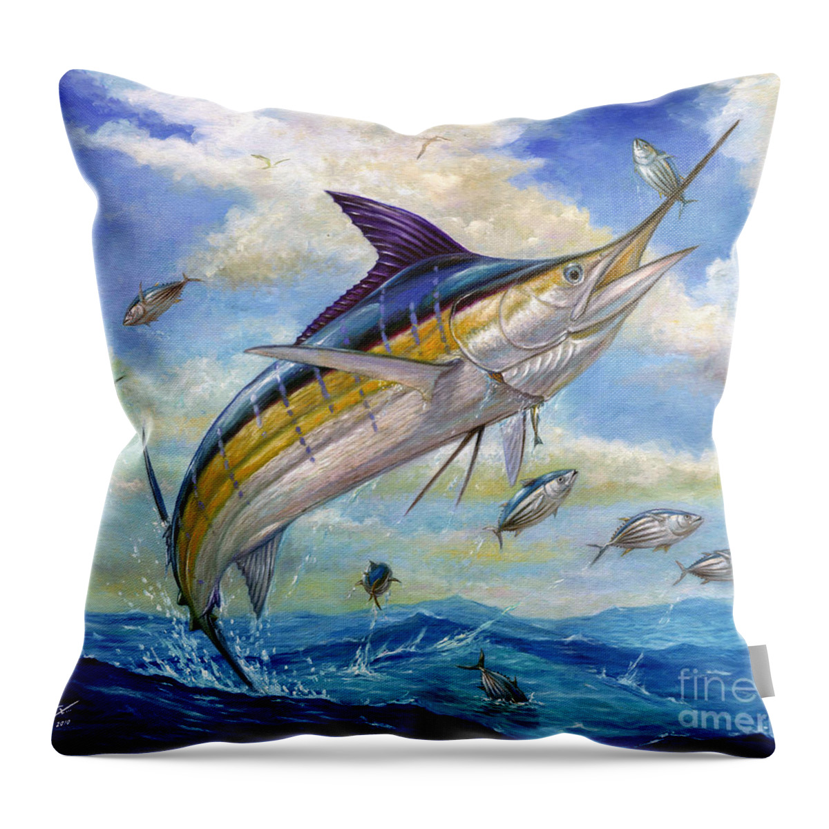 Blue Marlin Throw Pillow featuring the painting The Blue Marlin Leaping To Eat by Terry Fox