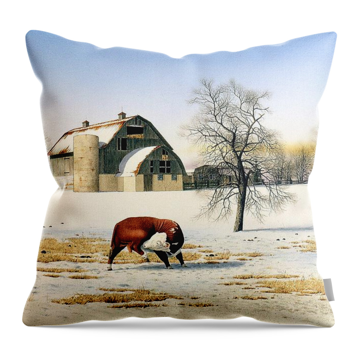Cow Throw Pillow featuring the painting The Bull's Itch by Conrad Mieschke