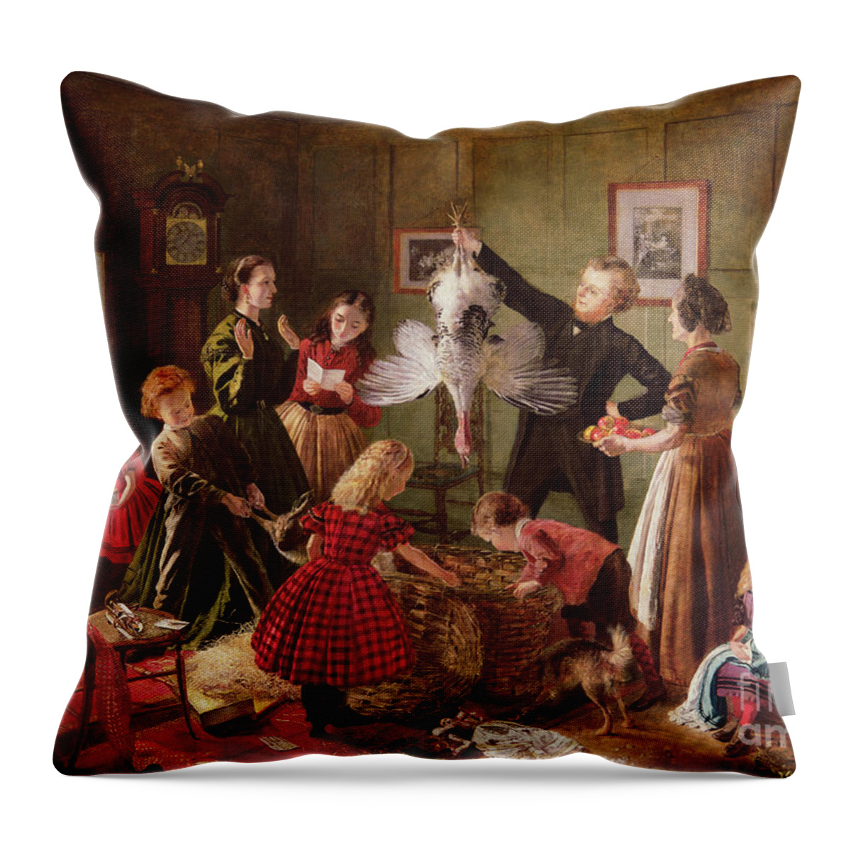 The Throw Pillow featuring the painting The Christmas Hamper by Robert Braithwaite Martineau