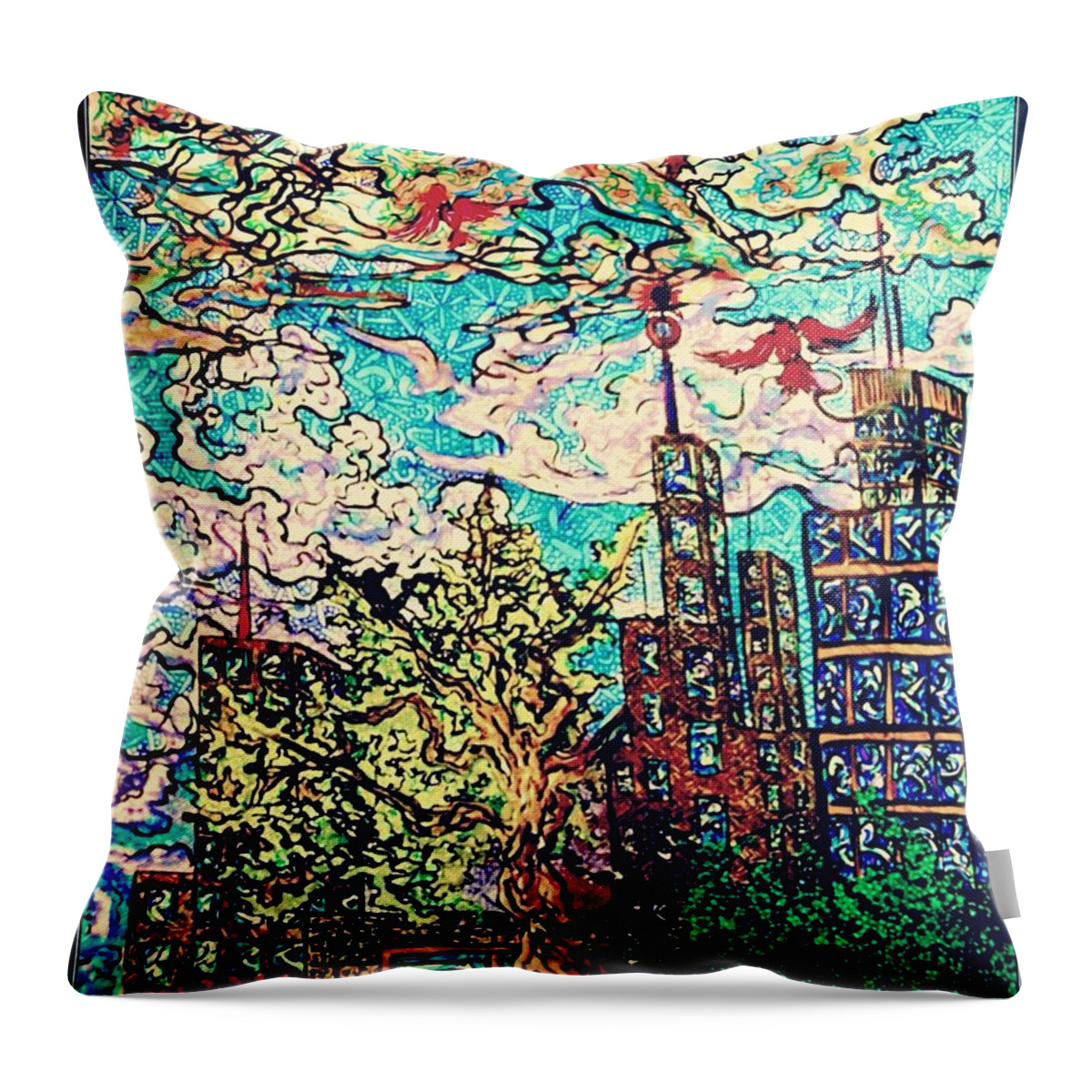 Cityscape Throw Pillow featuring the drawing The City by Angela Weddle
