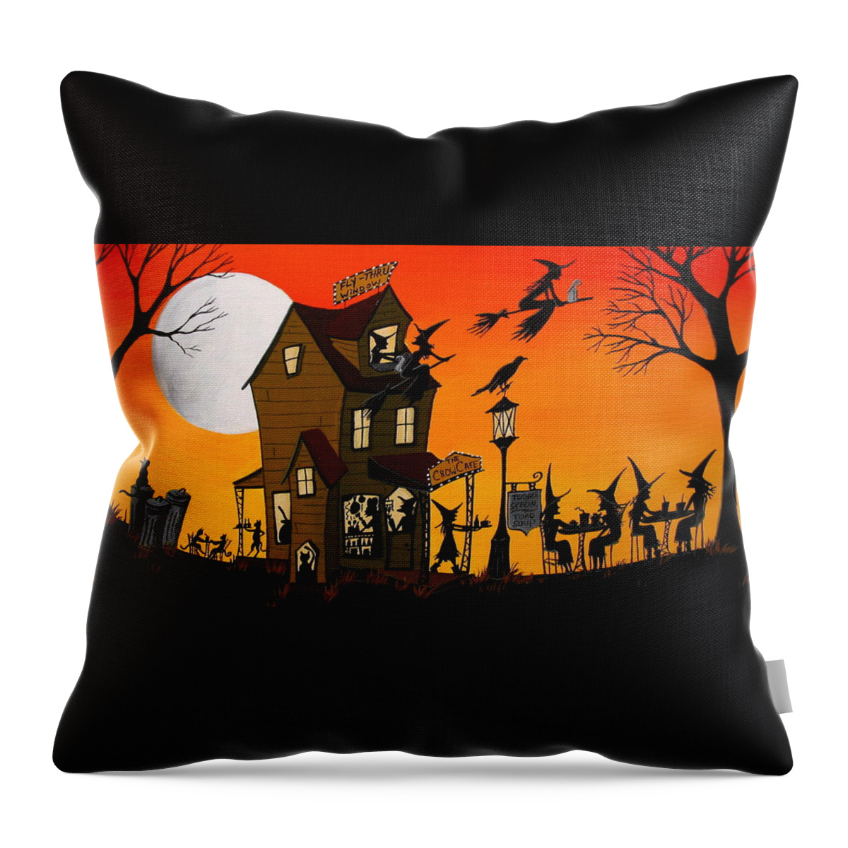 Art Throw Pillow featuring the painting The Crow Cafe - Halloween witch cat folk art by Debbie Criswell
