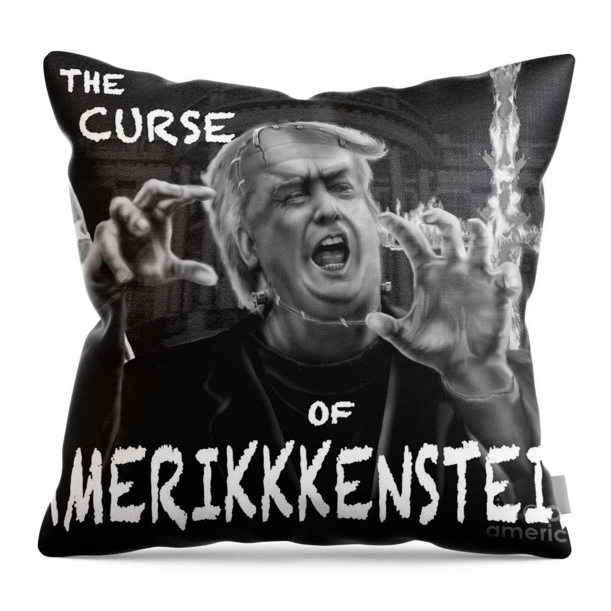 Political Satire Throw Pillow featuring the painting The Curse of Amerikkenstein by Reggie Duffie