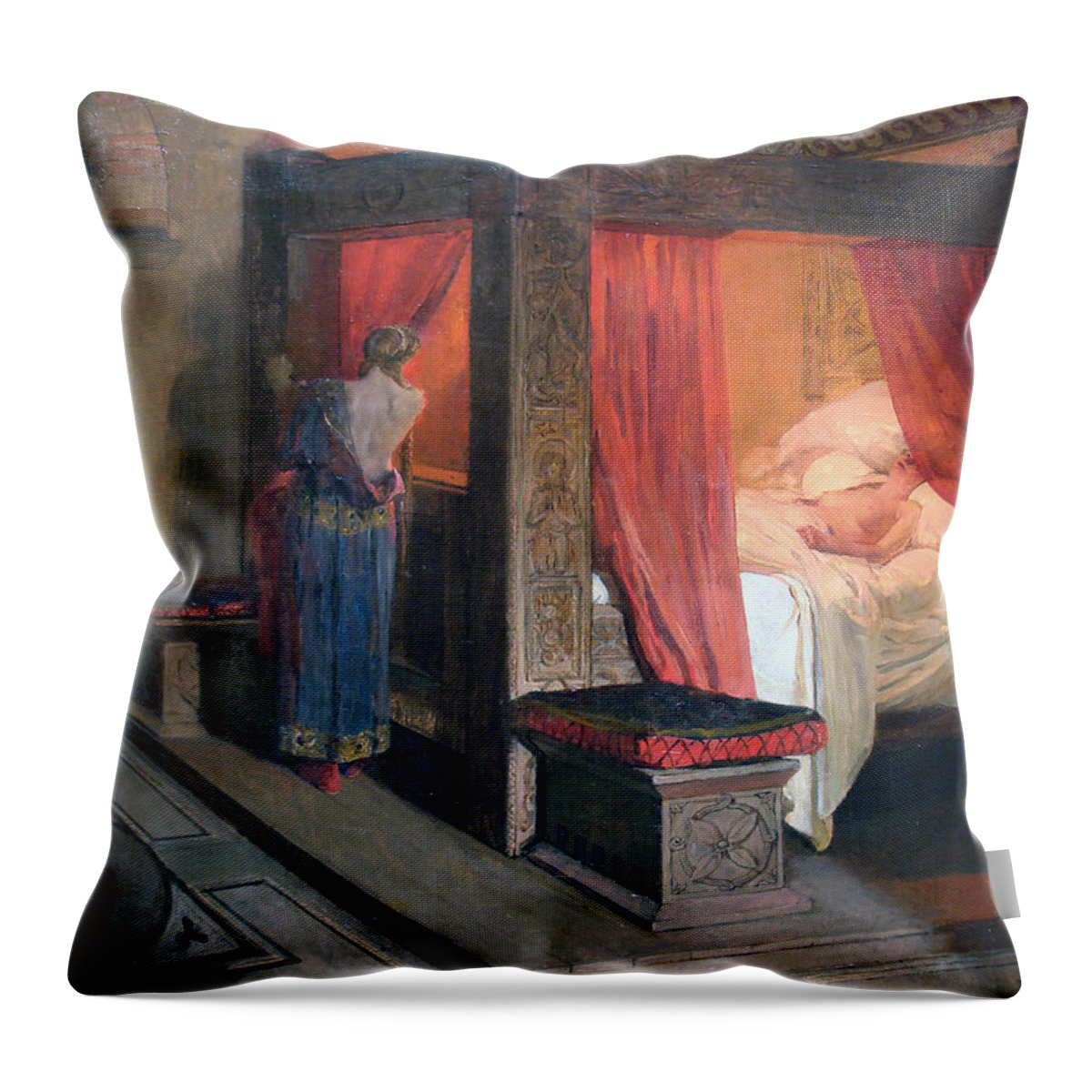 Jean-paul Laurens Throw Pillow featuring the painting The Death of Galswintha by Jean-Paul Laurens