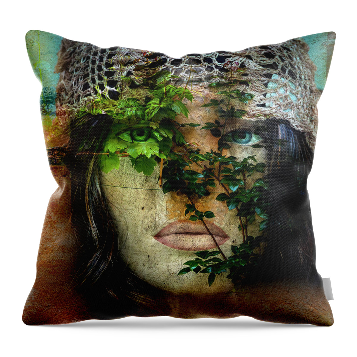 Face Throw Pillow featuring the digital art The face with the green leaves by Gabi Hampe