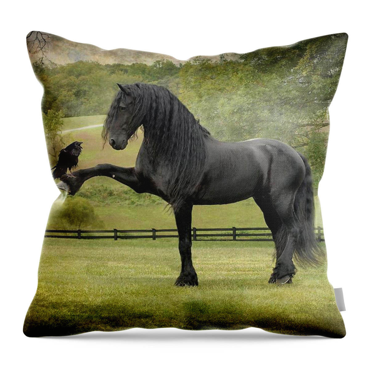 Friesian Horses Throw Pillow featuring the photograph The Harbinger by Fran J Scott