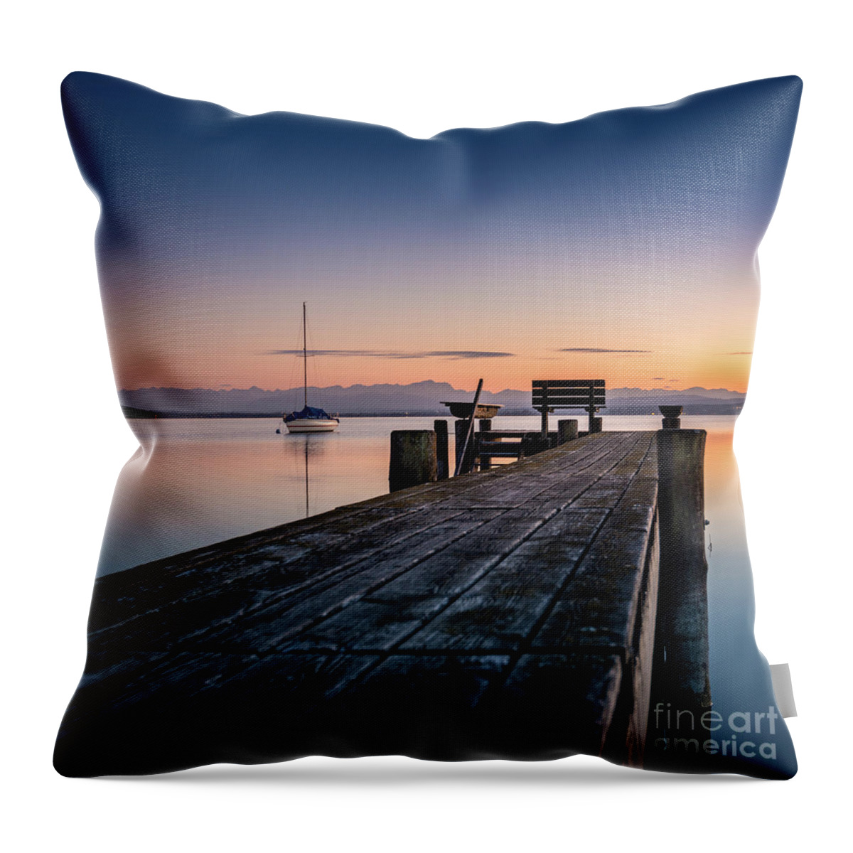 Ammersee Throw Pillow featuring the photograph The jetty to sunset by Hannes Cmarits