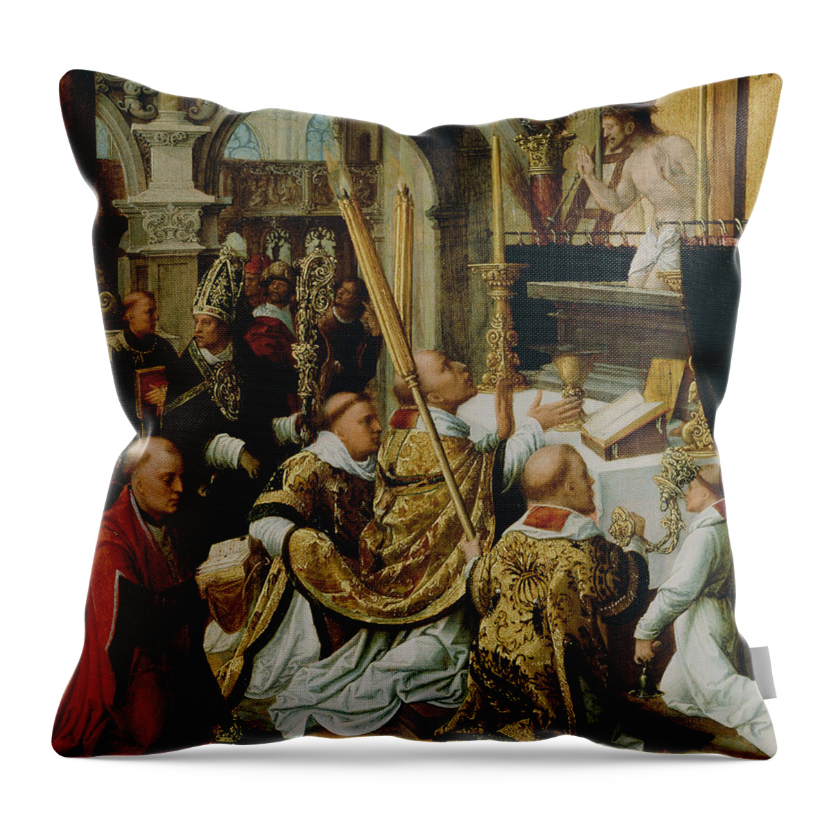 16th Century Art Throw Pillow featuring the painting The Mass of Saint Gregory the Great by Adriaen Isenbrandt