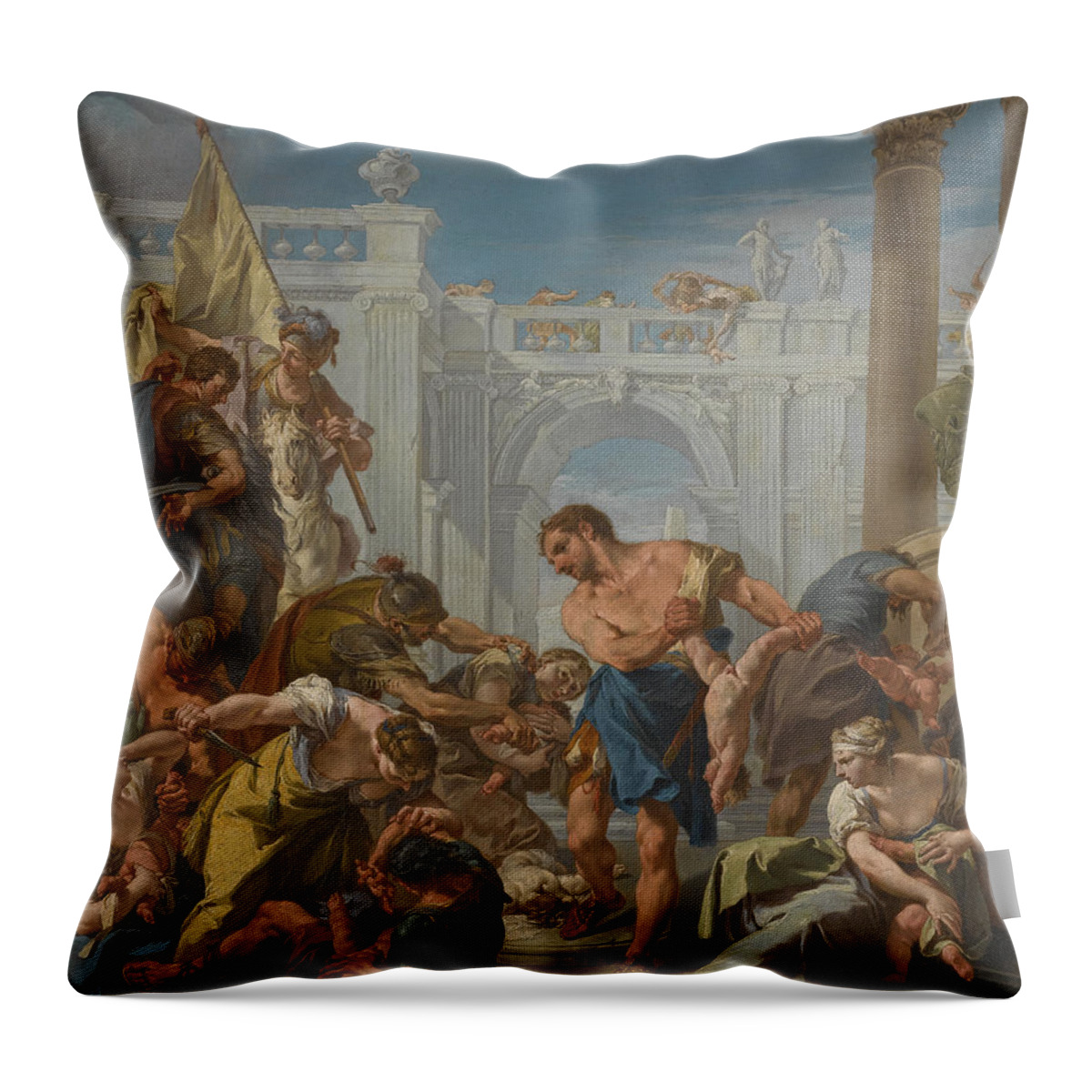 Giambattista Pittoni Throw Pillow featuring the painting The Massacre of the Innocents by Giambattista Pittoni