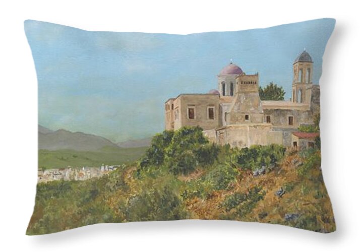 Crete Throw Pillow featuring the painting The Monastery of Gonia Kolymbari Crete by David Capon