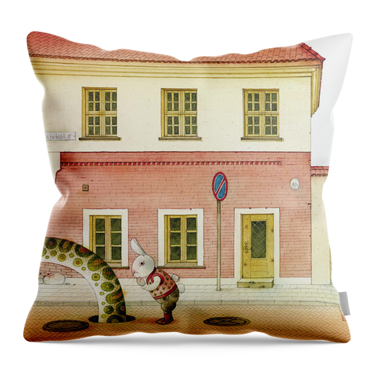 Snake Street Illustration Watercolor Children Book Old Town Rabbit Throw Pillow featuring the painting The Neighbor around the Corner04 by Kestutis Kasparavicius
