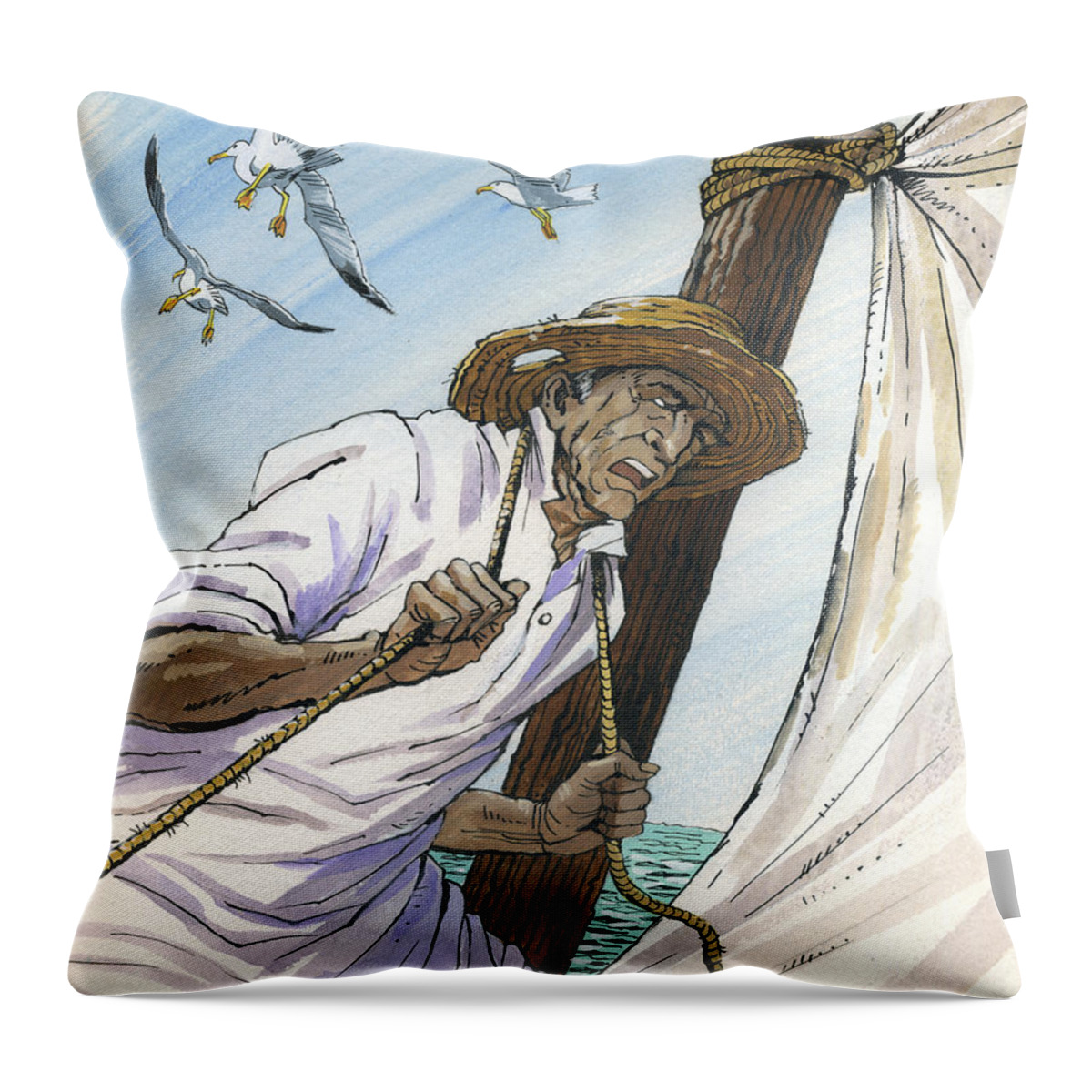Ernest Hemingway Throw Pillow featuring the painting The Old Man and the Sea. Novel Illustration by Igor Sakurov