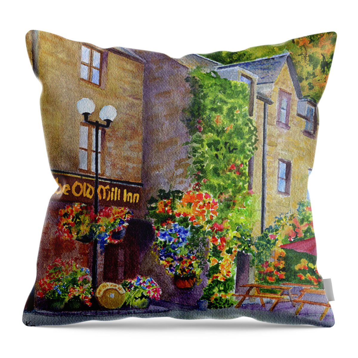 Scotland Throw Pillow featuring the painting The Old Mill Inn by Karen Fleschler