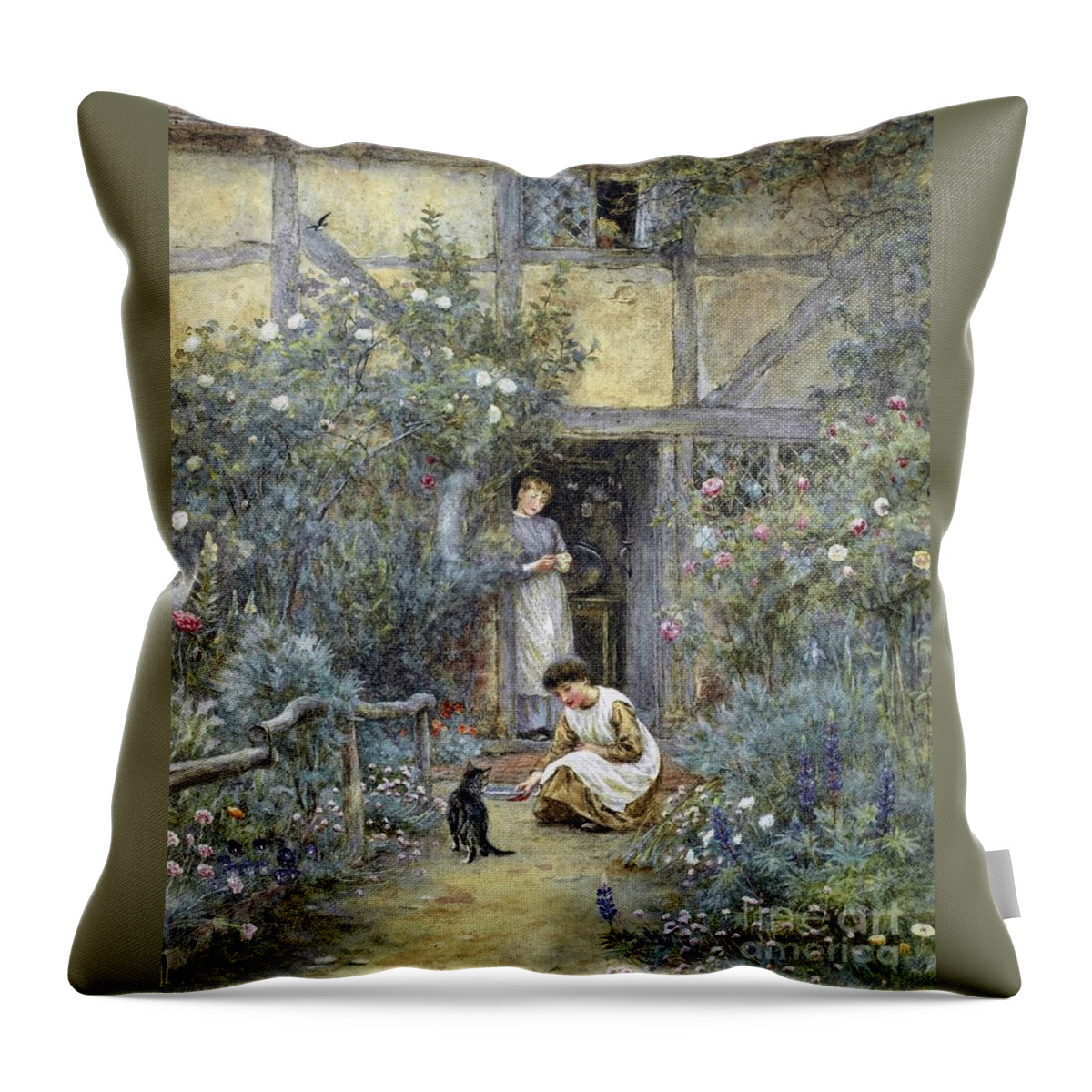Helen Allingham - The Saucer Of Milk. Beautiful House Throw Pillow featuring the painting The Saucer of Milk by Helen Allingham