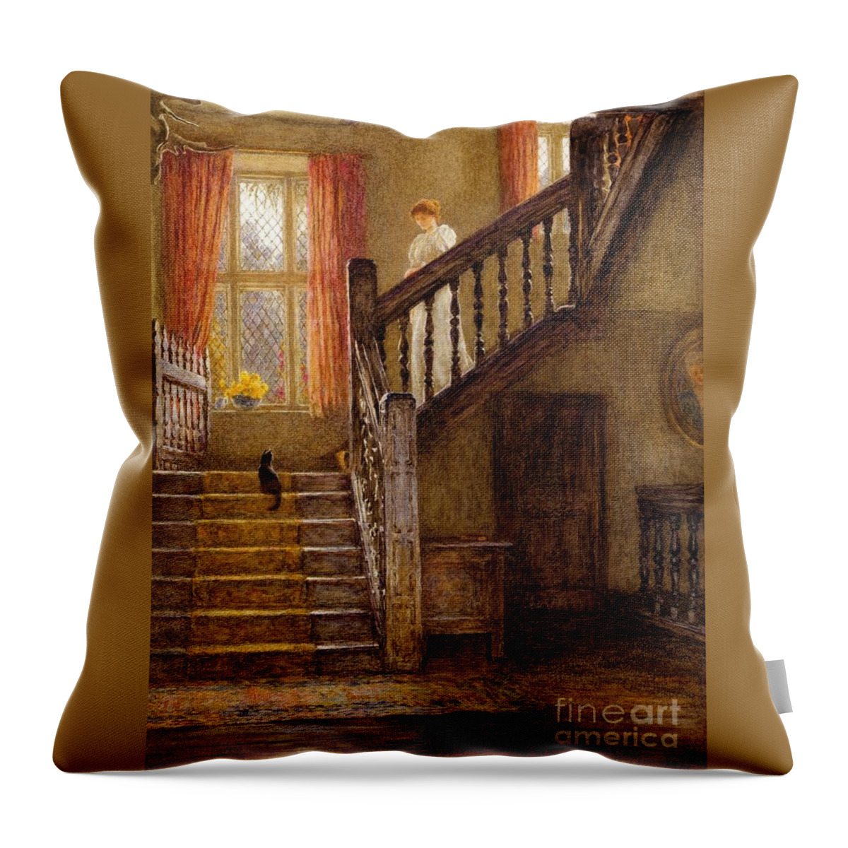 Helen Allingham - The Staircase Throw Pillow featuring the painting The Staircase Whittington Court by Helen Allingham