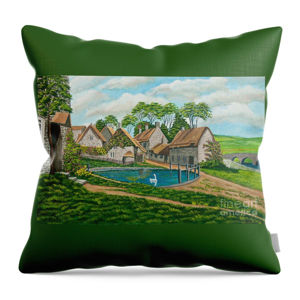 English Painting Throw Pillow featuring the painting The Village Pond in Wroxton by Charlotte Blanchard