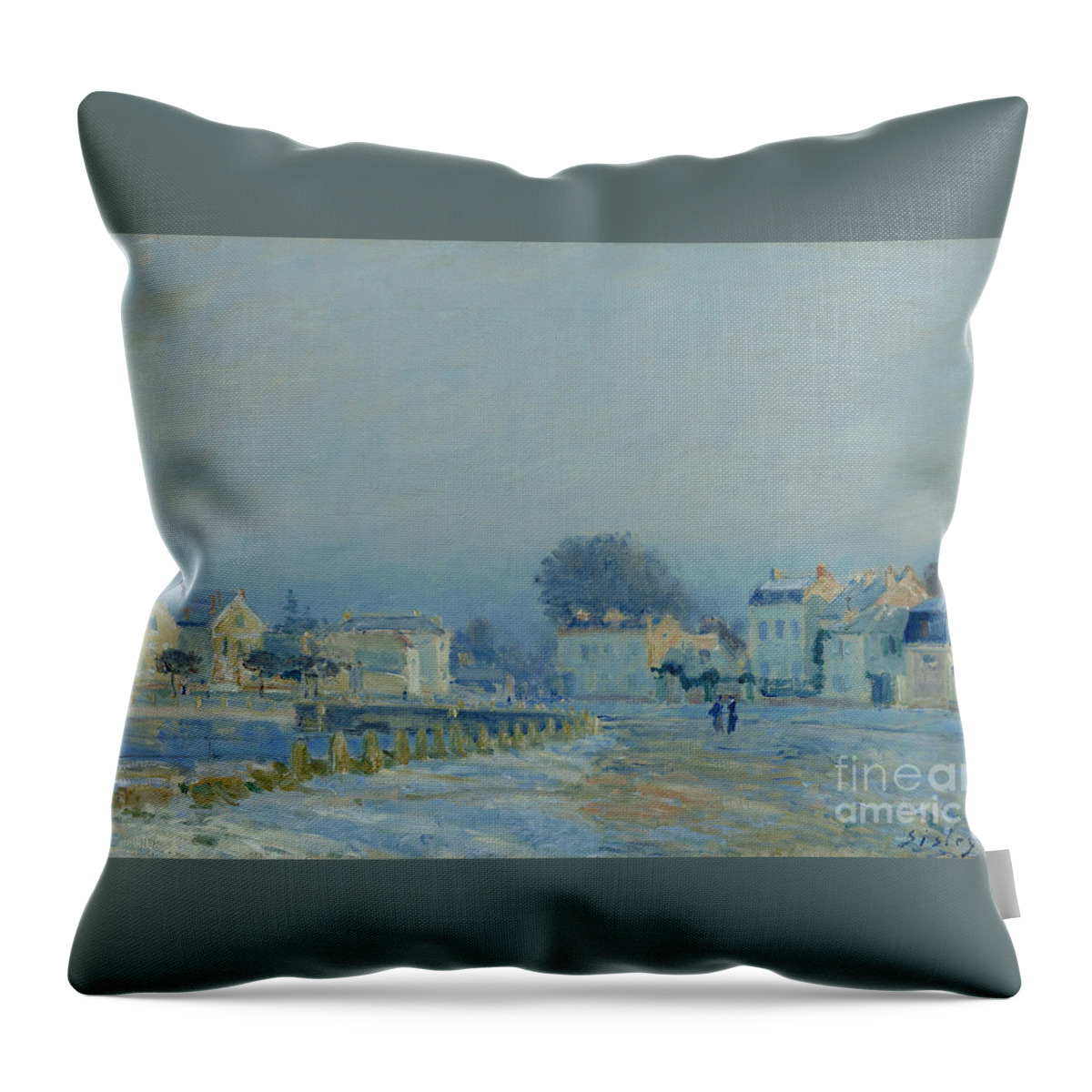 Alfred Sisley Throw Pillow featuring the painting The Watering Pond At Marly With Hoarfrost by MotionAge Designs