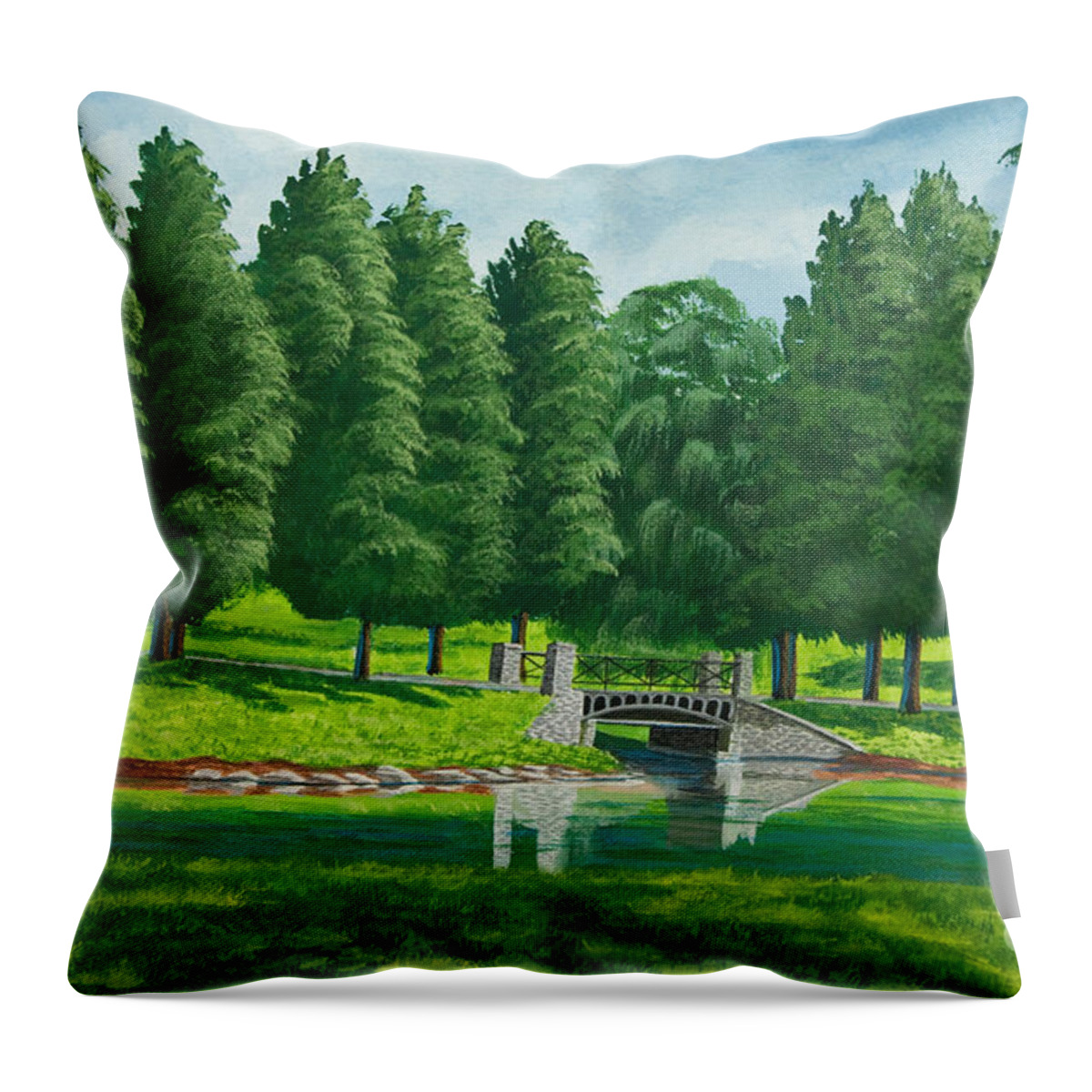 Colgate University Taylor Lake Throw Pillow featuring the painting The Willow Path by Charlotte Blanchard