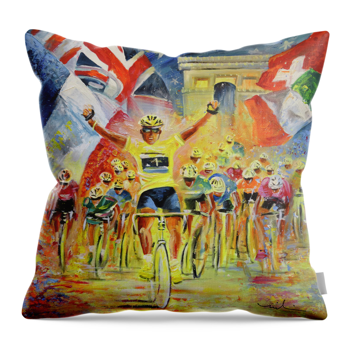 Sports Throw Pillow featuring the painting The Winner Of The Tour De France by Miki De Goodaboom